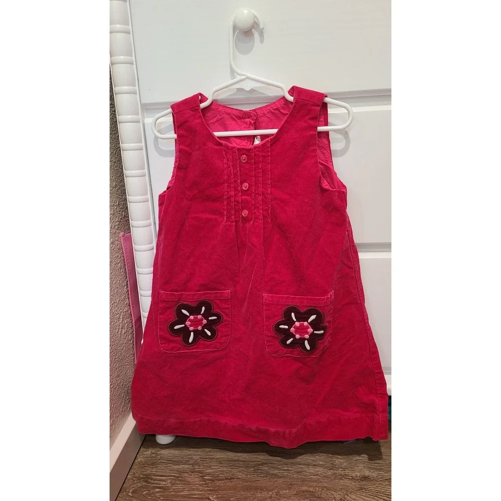 Gymboree Girls 5T Pink Corduroy Jumper Dress Flower Pockets Sleeveless A-Line